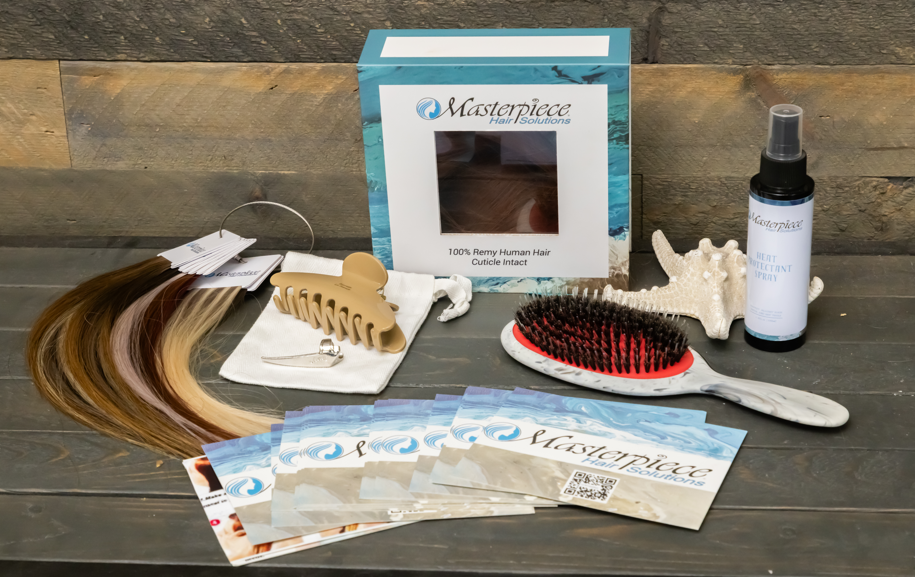Package with hair extension, claw clip, partition tool, hairbrush, heater protectant